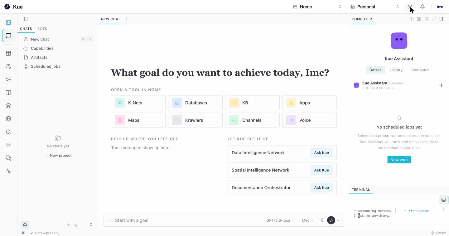 The Kue landing page after sign-in